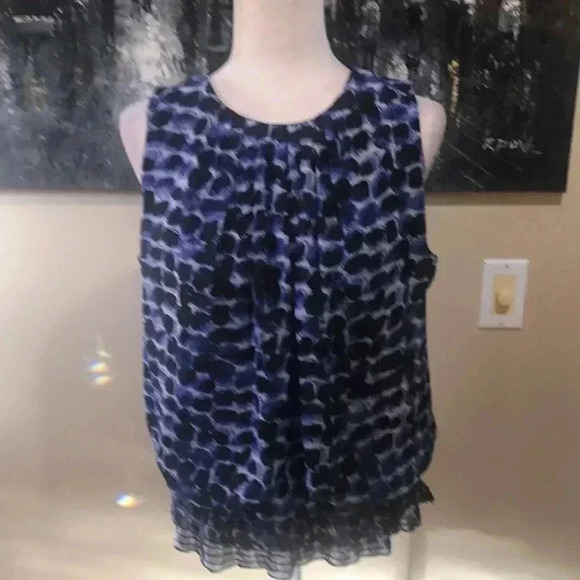 Sara Michelle Blue & Black Sleeveless Abstract Polka Dot Elastic Hem Top- L - Picture 1 of 10